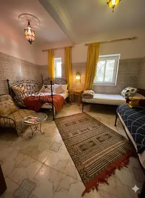 a living room with a bed and a couch at Fes Medina Vibes Hostel in Fès