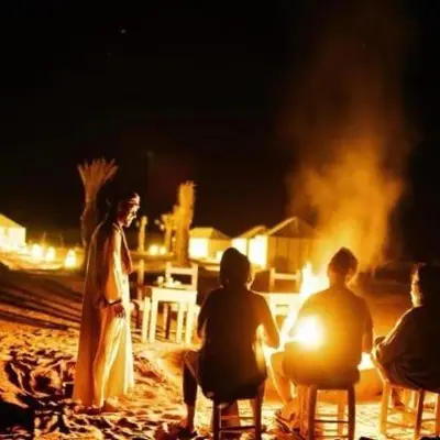 a group of people sitting around a fire at night at Tenere Luxury Camp in Merzouga