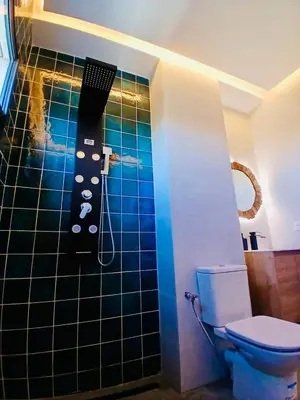 a bathroom with a shower and a toilet in it at Résidence Fès Garden Piscine privé ou Jacuzzi in Oulad Tayeb