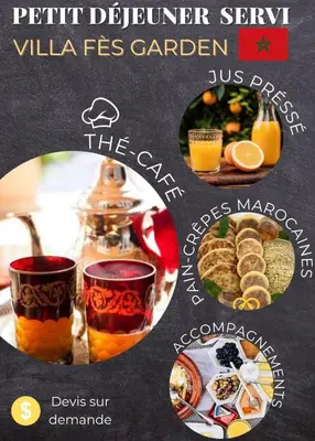 a flyer for a restaurant with food and drinks at Résidence Fès Garden Piscine privé ou Jacuzzi in Oulad Tayeb