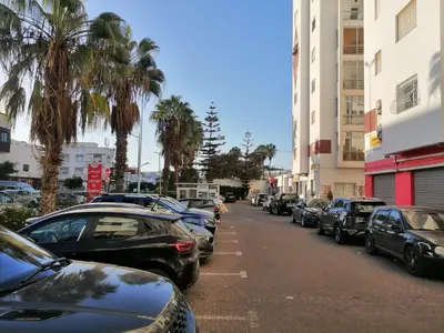 a row of parked cars on a street with palm trees at complex mousse in Oulad Akkou
