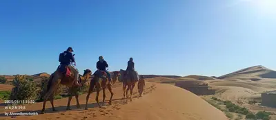 a group of people riding camels in the desert at Daraa Valley House in Mhamid