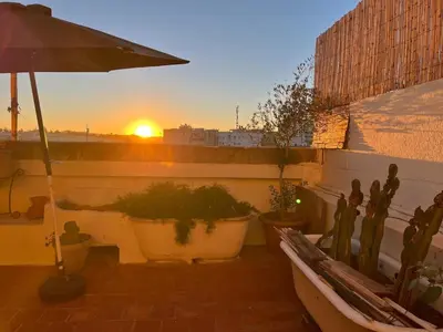 a sunset on a balcony with potted plants and an umbrella at Rooftop del quinto in Oulad Akkou