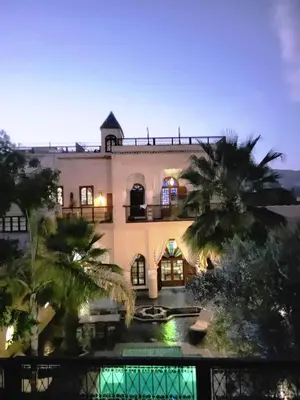 a large building with palm trees in front of it at Chambre SAPHIR - Riad Lotus Bleu in Fès