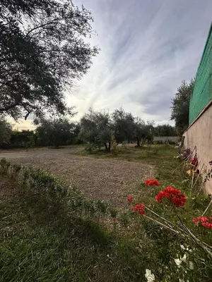 a field with red flowers next to a building at Oasis de Calme Villa Piscine Hammam & Vues Atlas in Ouled el guerne