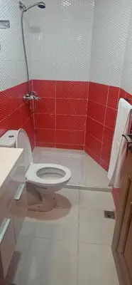 a bathroom with a toilet and a red wall at Atlas stay in Fès