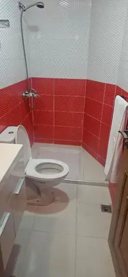 a bathroom with a toilet and a red wall at Atlas stay in Fès