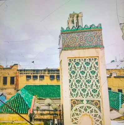 a building with a gate and a mosque at Riad haje skilf in Fès