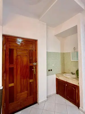 a bathroom with a wooden door and a sink at appartement in Fès