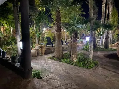 a courtyard with palm trees at night with a chair at Suite avec salle de bain privée das un beau Riad avec piscine in Aghmat