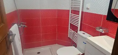 a red bathroom with a toilet and a sink at Atlas stay in Fès