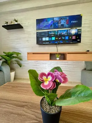 a flower in a pot in a living room with a tv at Gueliz Twin Balcony Apartment F3 in Oulad Akkou