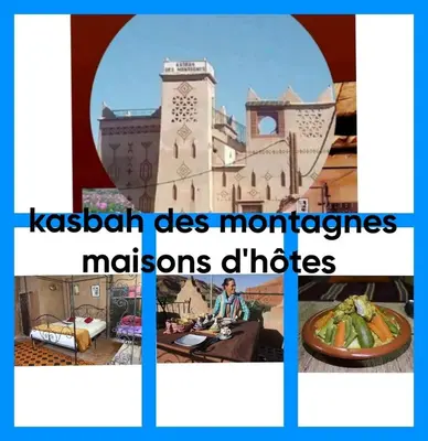 a collage of pictures of a mosque and a plate of food at KASBAH DES MONTAGNS maisons d'hôtes la vallée des roses in Bou Tharar