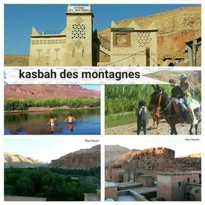 a collage of pictures with people in the desert at KASBAH DES MONTAGNS maisons d'hôtes la vallée des roses in Bou Tharar