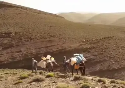 a group of people on horses crossing a river at KASBAH DES MONTAGNS maisons d'hôtes la vallée des roses in Bou Tharar