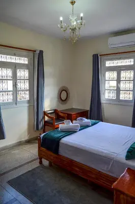 a bedroom with a bed and two windows and a chandelier at dar sara medina fes in Fès