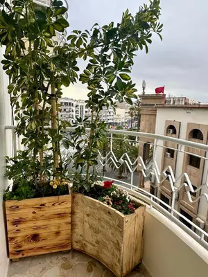 a balcony with two plants in a wooden box at Les Palmiers de l ile Jacob in Fès