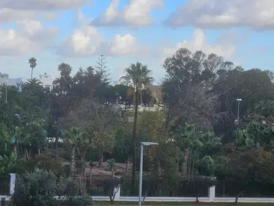 a park with palm trees and a street light at Appartement chaleureux au cœur Casablanca in Oulad Akkou