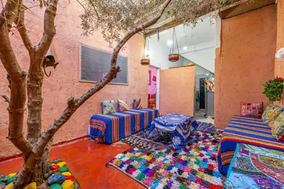 a room with a tree and couches and a rug at Atlas Suite Riad 3 Bedrooms near Marrakech in Tikoutar