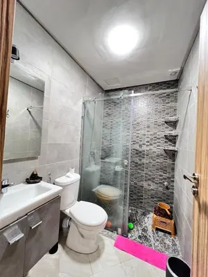 a bathroom with a toilet and a shower and a sink at Cozy apartment and central location in Meknès
