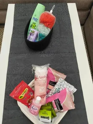 a table with toothpaste and other items on it at High-Standing Accommodations - Dalia , Tiflet in Tiflet