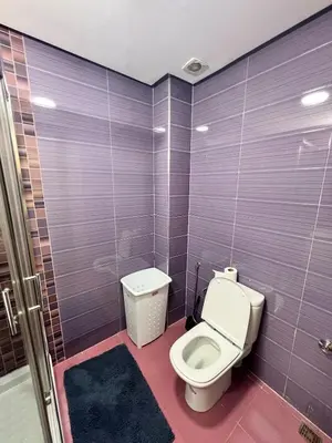 a bathroom with a toilet and a purple wall at Luxury Modern Apartment City Center in Meknès