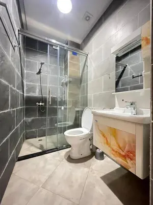 a bathroom with a shower and a toilet and a sink at large & comfotable apartment close to everything in Meknès
