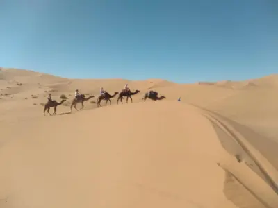 a group of people riding on camels in the desert at Isolé Bivouac Merzouga in Merzouga