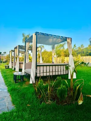 a row of canopy beds in a park at Villa Hasard Marrakech in Had Abdallah Rhiat