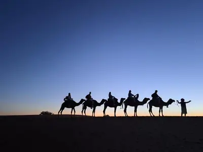 a group of people riding camels in the desert at Golden Silence Camp in Merzouga