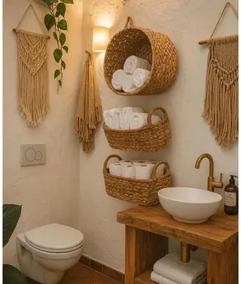 a bathroom with a toilet and baskets on the wall at Riad Sibaya fes in Fès