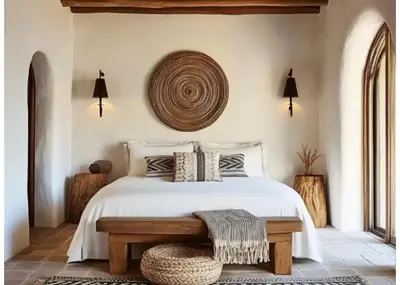 a bedroom with a large bed with a wooden bench at Riad Sibaya fes in Fès