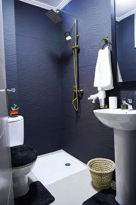 a bathroom with a shower and a toilet and a sink at Happiness Apartment in Ouarzazate