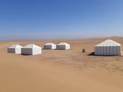 a group of white buildings in the desert at StarlitDesertCamp in El Gouera