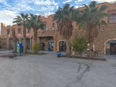a building with palm trees in front of it at Hotel El Golla in Er Rachidia