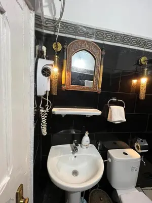 a bathroom with a sink and a toilet and a mirror at Riad Dar Oum Albanin in Fès