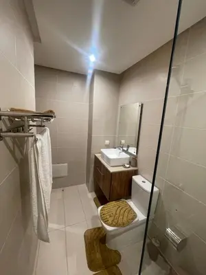 a bathroom with a toilet and a sink at Luxury two bedroom apartment Prestigia Fez in Fès