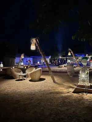 a group of chairs and a palm tree at night at Dunes Luxury Lodge in Merzouga