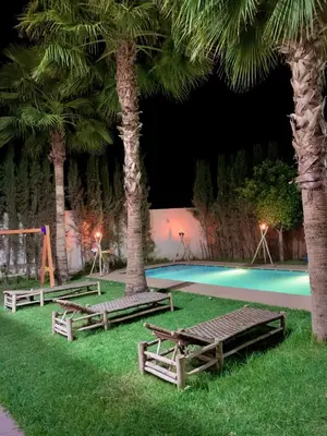 a swimming pool with palm trees and benches in the grass at Villa Gomez in Sbiti