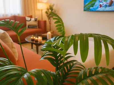 a living room with a couch and a plant at Appartement moderne 2 chambres À 5 min de l'aéroport RAK avec Wi-Fi rapide in Oulad Akkou