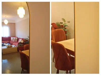 two pictures of a living room and a dining room at Appartement moderne 2 chambres À 5 min de l'aéroport RAK avec Wi-Fi rapide in Oulad Akkou