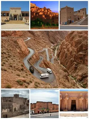 a collage of photos of buildings and a road at Désert camp berbère Sahara in Merzouga