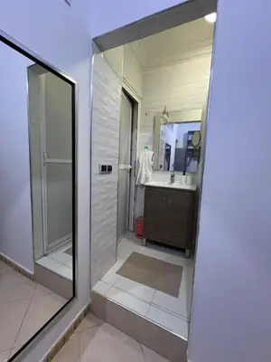 a bathroom with a shower and a large mirror at Spacious Family Apartment in Er Rachidia