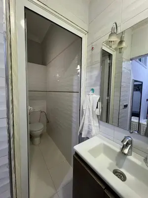 a bathroom with a sink and a toilet and a mirror at Spacious Family Apartment in Er Rachidia