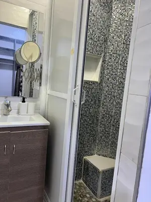 a bathroom with a shower with a toilet and a sink at Spacious Family Apartment in Er Rachidia