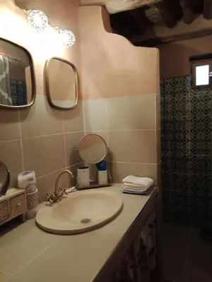 a bathroom with a sink and a mirror and a shower at Jnan Ksar el Kdim - Studios Safran, Jasmin et Cannelle in Mhamid