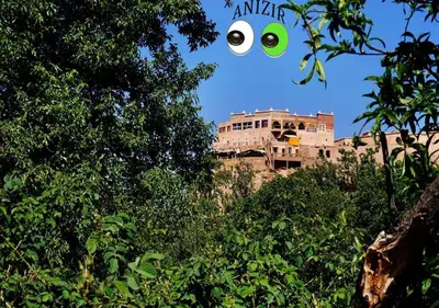 aeye object in the sky over a building with trees at Kasbah Anizir Itran in Kalaat MGouna
