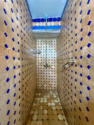 a bathroom with blue and white tiled walls and a shower at Riad Les Émeraudes De Fes in Fès