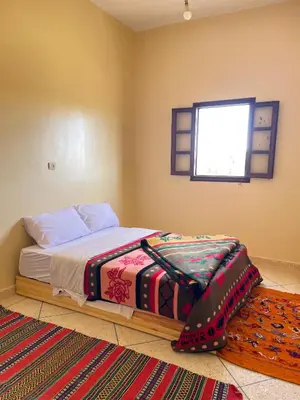a bedroom with a bed and a window and a rug at Maison zahra merzouga in Merzouga
