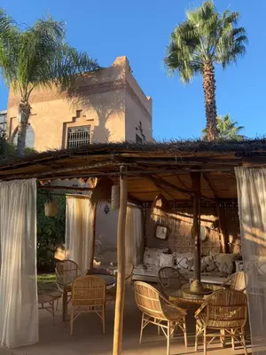a patio with a table and chairs and a palm tree at Villa Atika - Maison d'Hôtes & SPA in El Bougaria